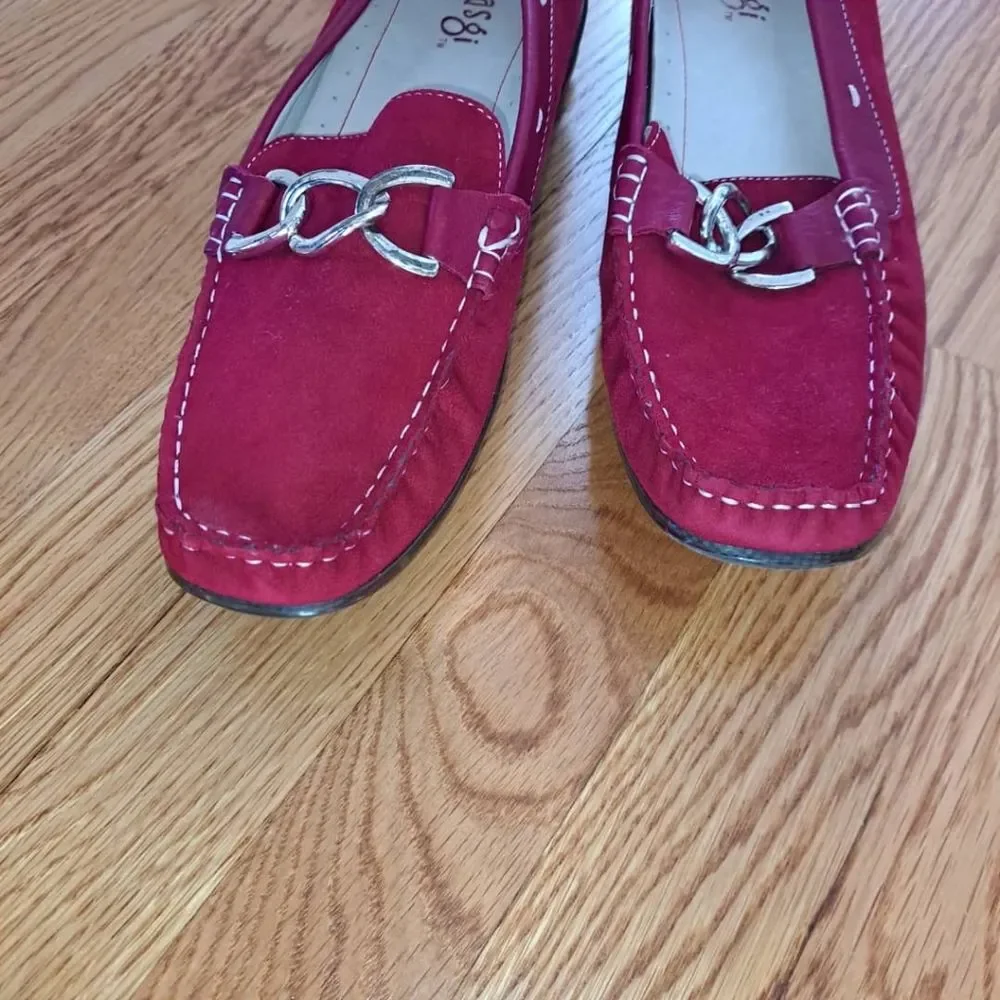 ASGI Inspire Suede Leather Driving Loafer Red Silver Buckle 8.5M Dark Academia